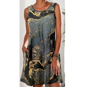 Camisa Blue Marble Sleeveless Dress with Pockets Size S